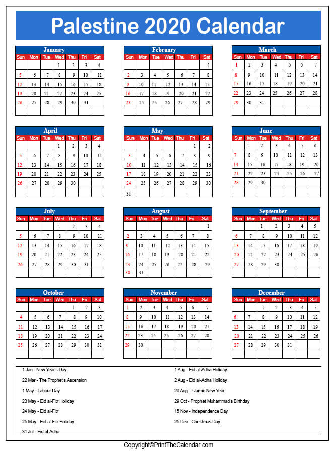 Palestine Printable Calendar 2020